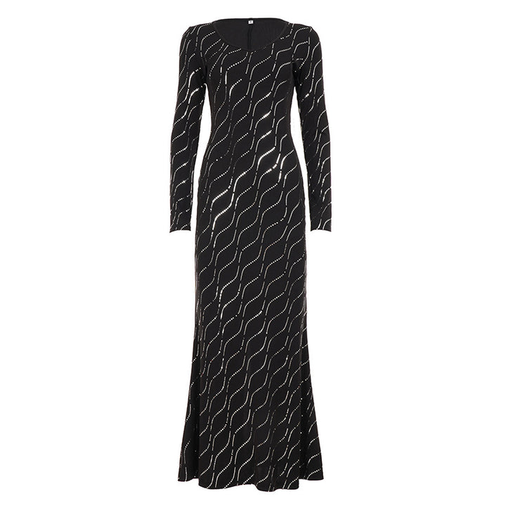 Women's long-sleeved Bodycon Mermaid evening dress with wave rhinestone embellishment Mune Fashion