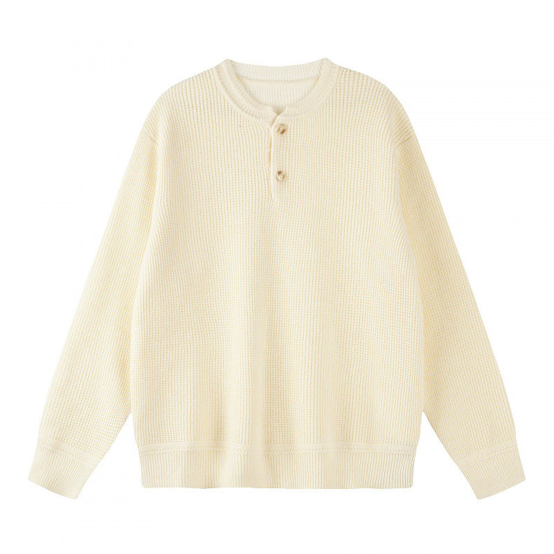 Unisex Boxy knit sweater with Henley neckline and textured waffle knit look Mune Fashion