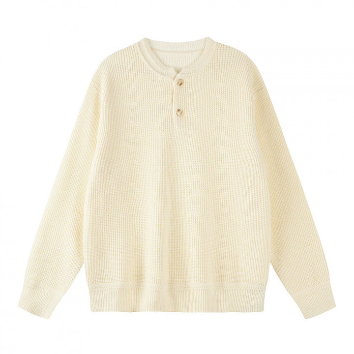 Unisex Boxy knit sweater with Henley neckline and textured waffle knit look Mune Fashion