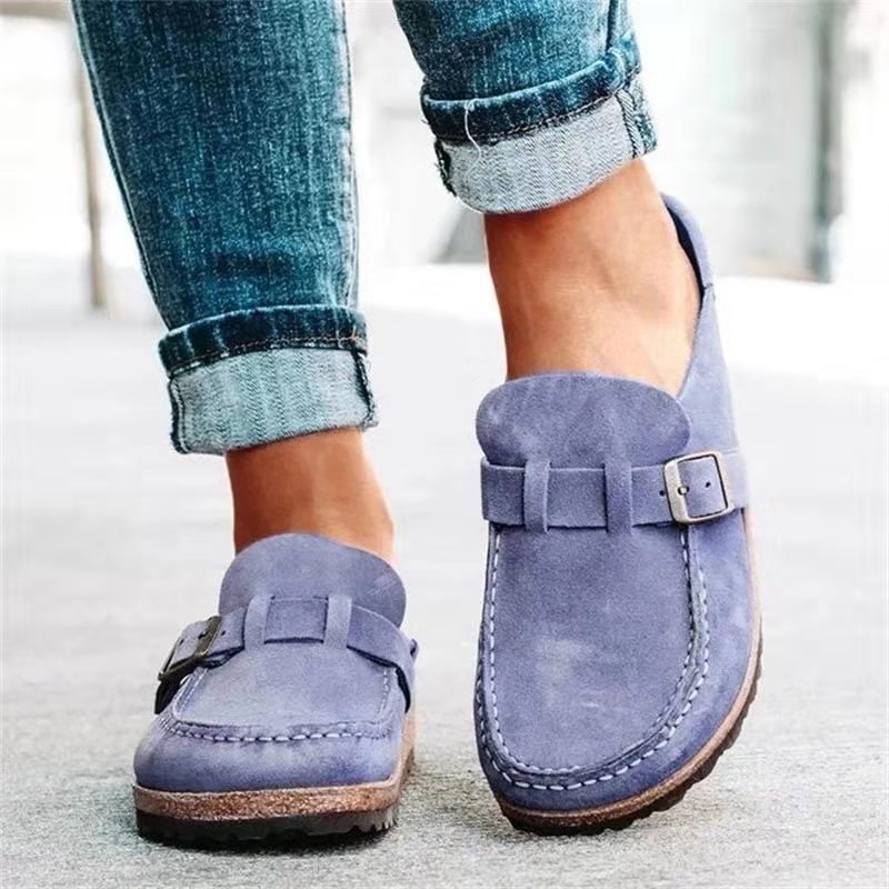 Women’s suede mules with cork-look sole and adjustable buckle strap Mune Fashion