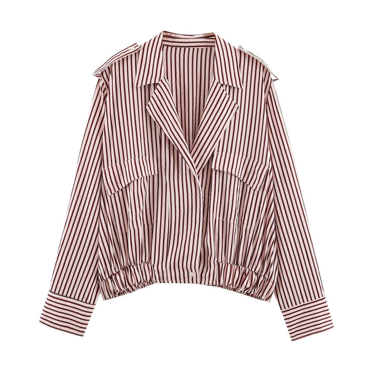 Women's Striped Cropped Blouson Jacket with Epaulettes, Patch Pockets and Elastic Hem