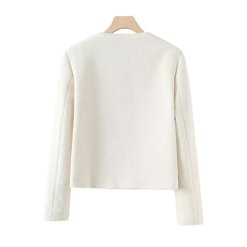 Women nan short bouclé jacket with round neck, boxy cut and golden decorative buttons Mune Fashion