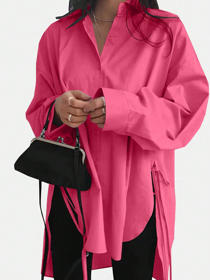 Women's oversized long blouse with drawstring sides, extra-long cuffs, and shirt collar Mune Fashion