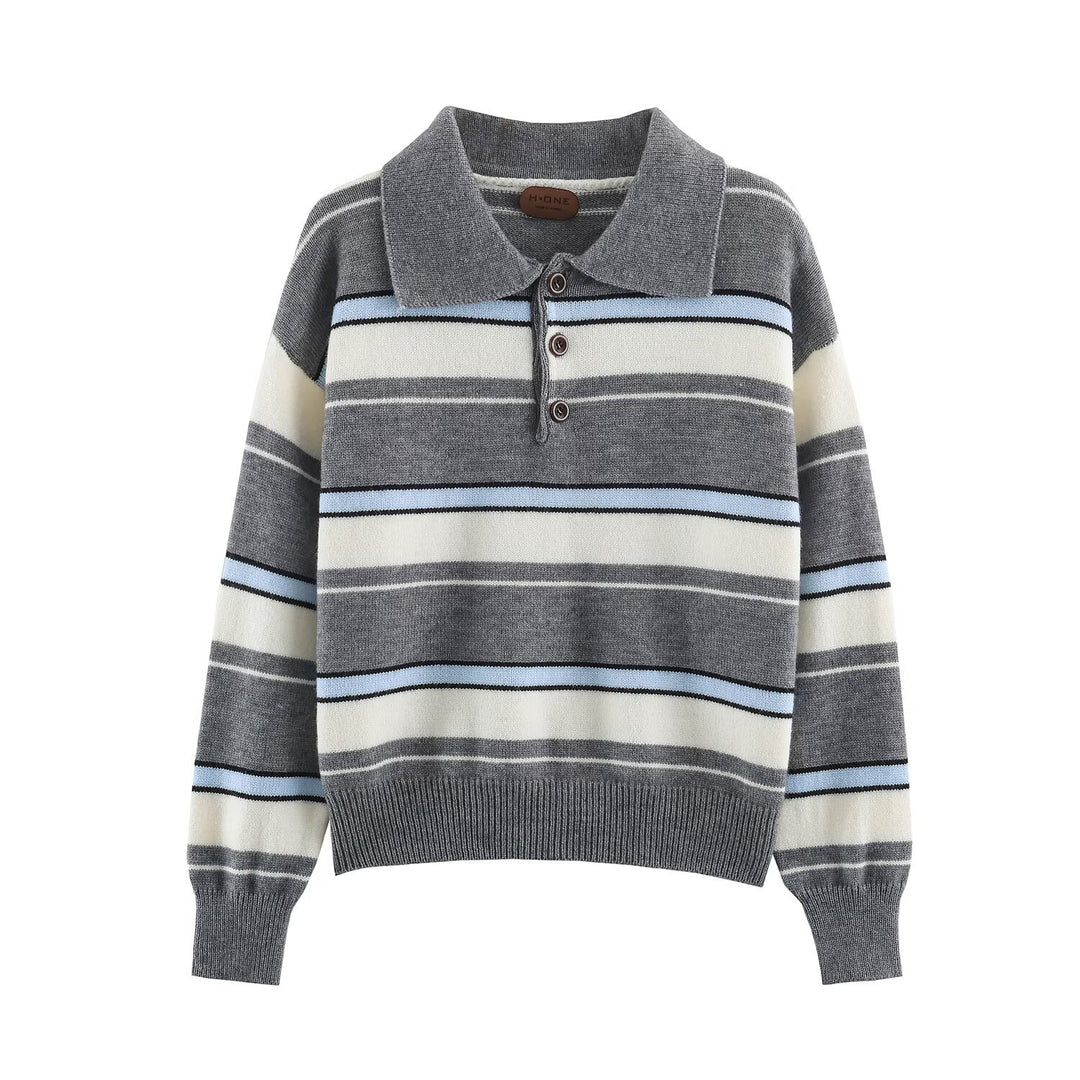 Women Striped Oversize Sweater with Polo Collar and V-Neck Mune Fashion