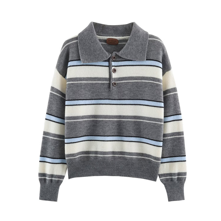 Women Striped Oversize Sweater with Polo Collar and V-Neck Mune Fashion