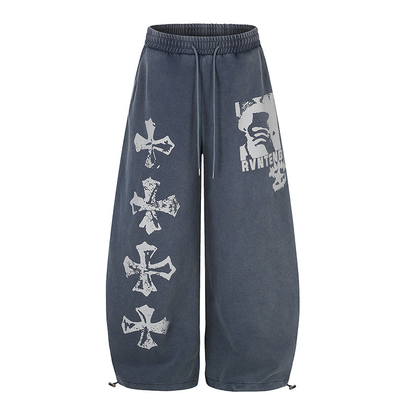 Women's Extra Wide Palazzo Sweatpants with Drawstring Waist, Adjustable Hem, and Gothic Print Mune Fashion