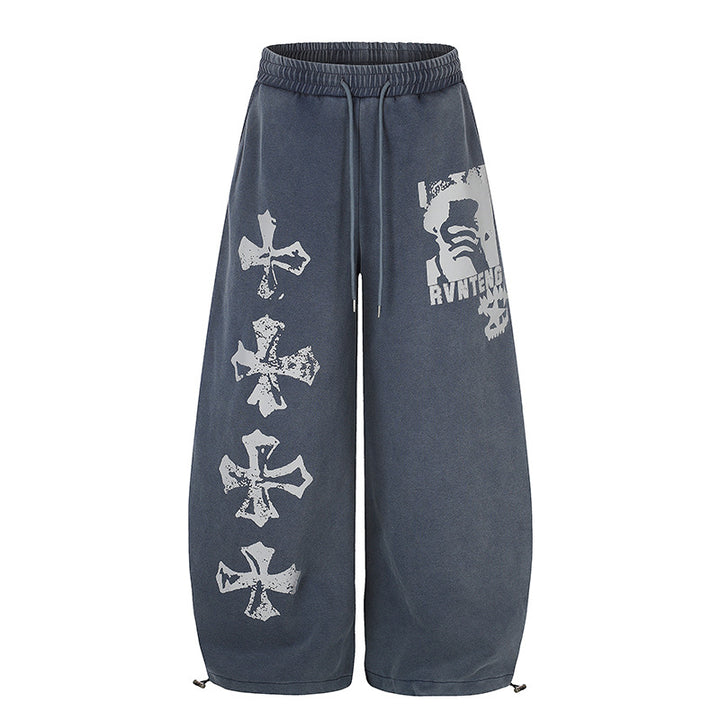 Women's Extra Wide Palazzo Sweatpants with Drawstring Waist, Adjustable Hem, and Gothic Print Mune Fashion