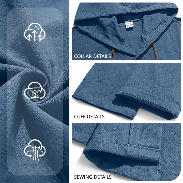 Men's textured linen blend hooded shirt with button placket, wood buttons, and side slits Mune Fashion