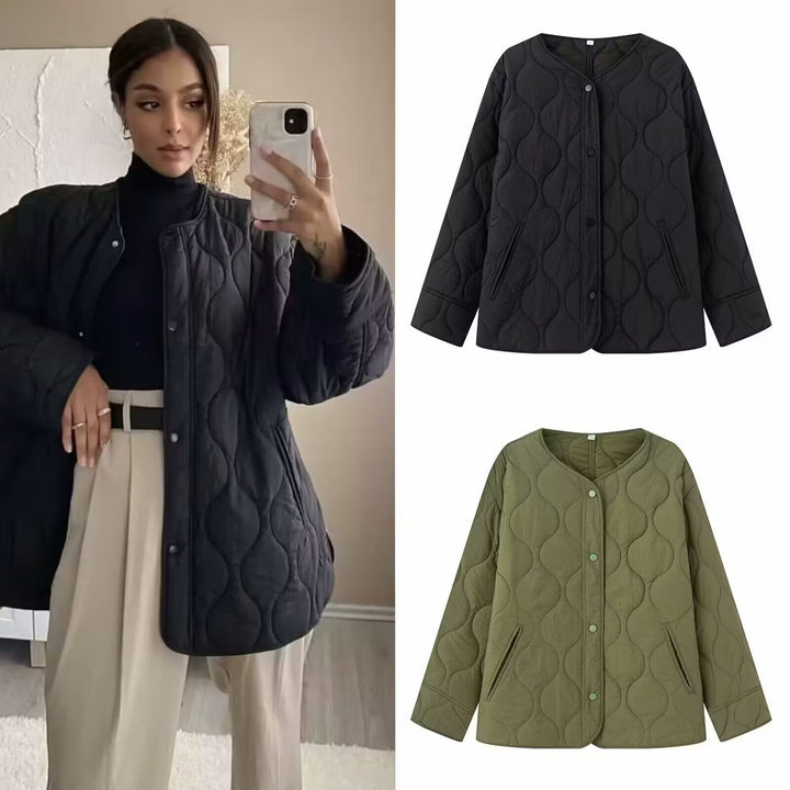 Women's Lightly Quilted Oversize Jacket with Round Neck, Snap Button Placket and Side Pockets Mune Fashion