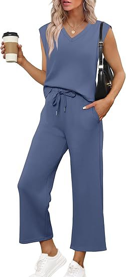 Women Casual Two-Piece Lounge Set with Sleeveless V-Neck Top and Wide Drawstring Pants Mune Fashion