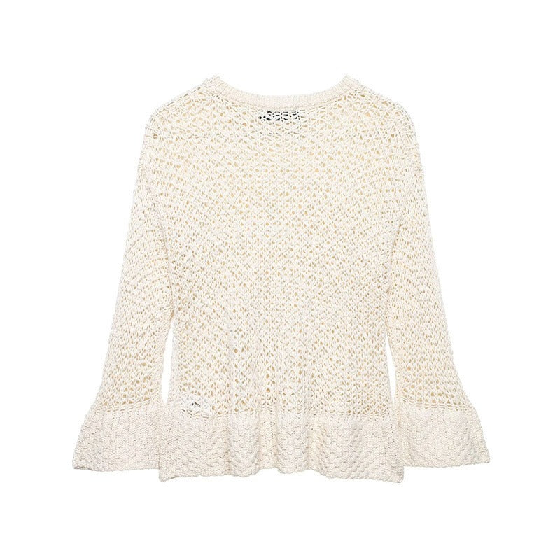 Women's loosely knitted lace pullover with ruffled hem and flared sleeves Mune Fashion