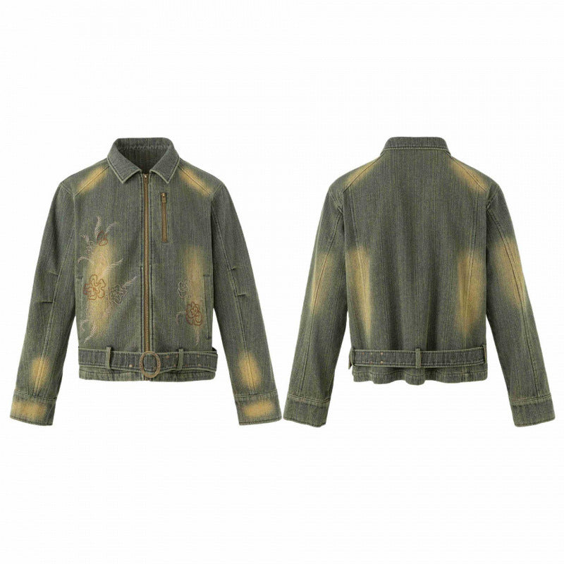 Unisex Short Cut Denim Jacket with Embroidery, Waist Belt and Front Zipper Mune Fashion