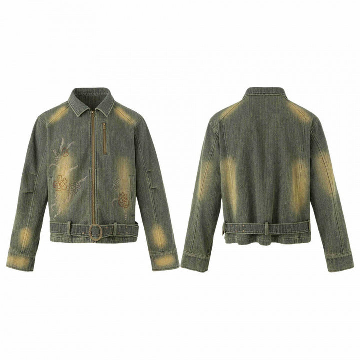 Unisex Short Cut Denim Jacket with Embroidery, Waist Belt and Front Zipper Mune Fashion