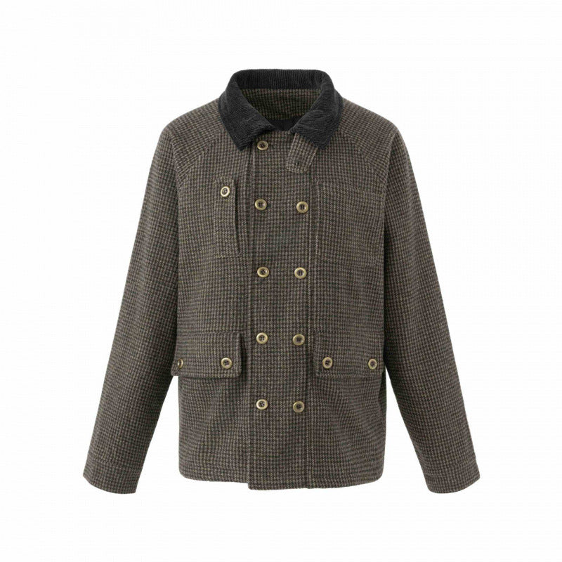 Men's Double-Breasted Wool Mix Field Jacket in Houndstooth with Corduroy Collar and Flap Pockets Mune Fashion