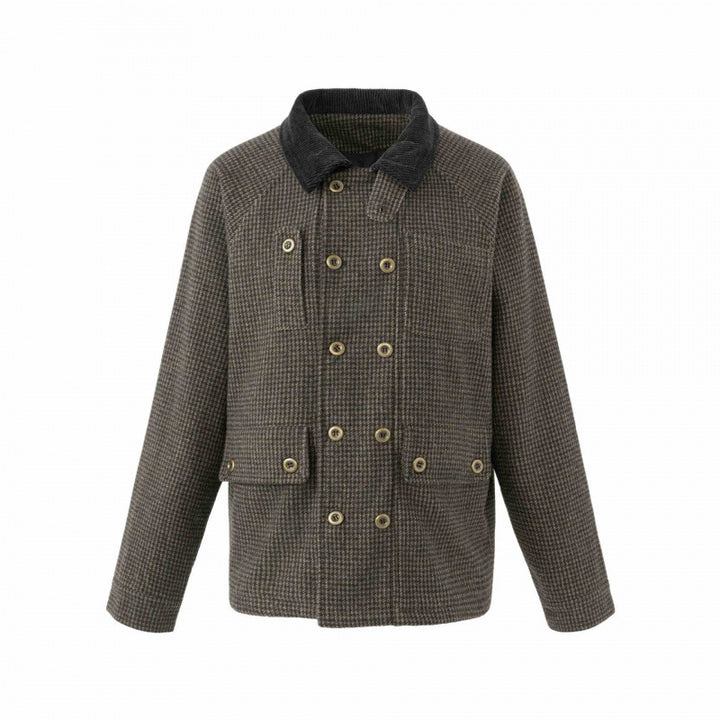 Men's Double-Breasted Wool Mix Field Jacket in Houndstooth with Corduroy Collar and Flap Pockets Mune Fashion