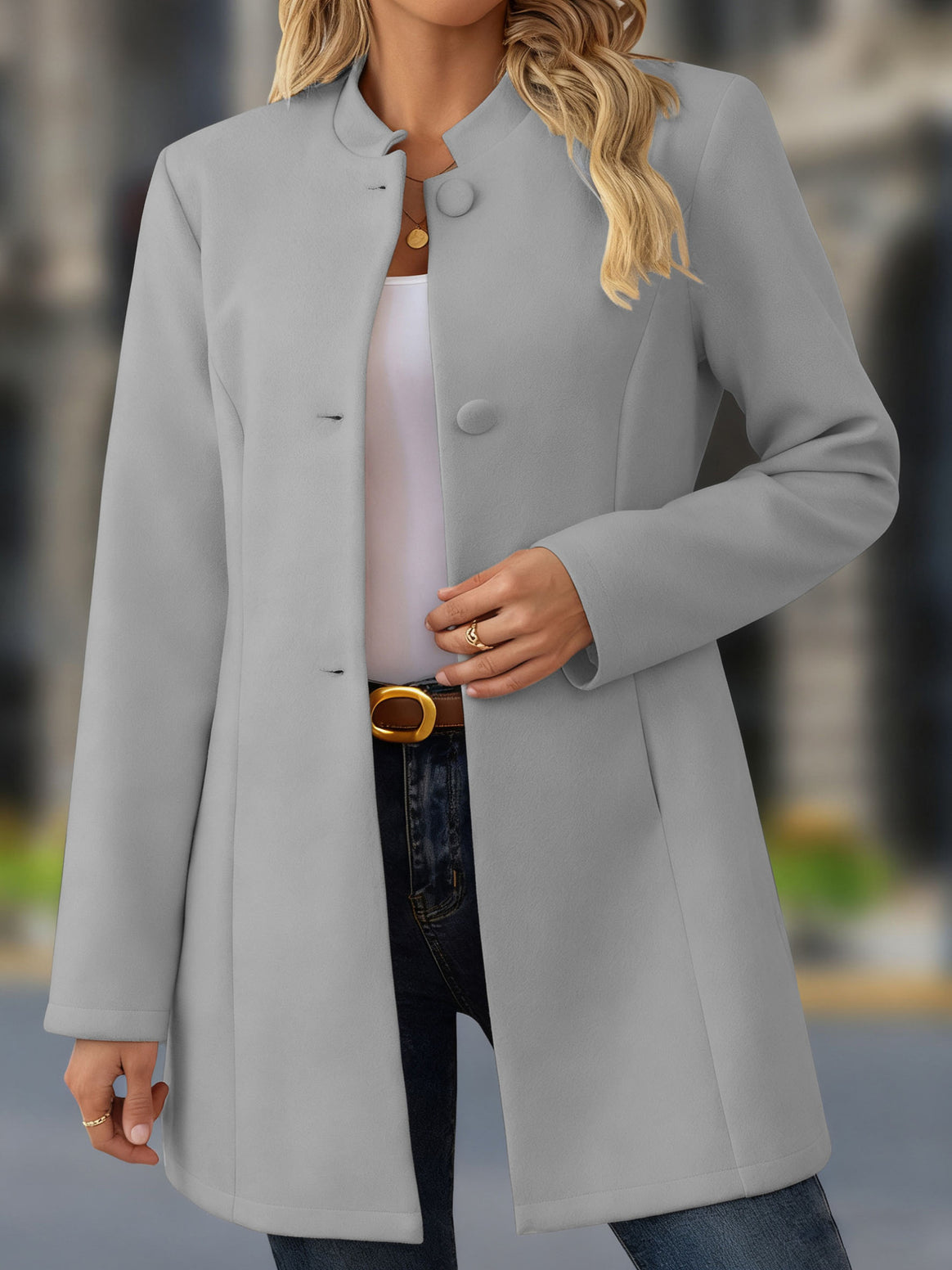 Women's Tailored Stand Collar Coat with Fabric Covered Buttons Mune Fashion