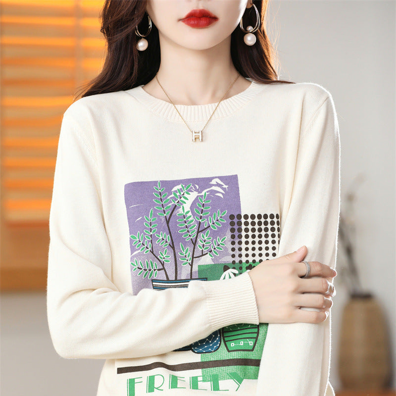Women’s Lightweight Round Neck Sweater with Graphic Plant Print and Fine Knit Mune Fashion
