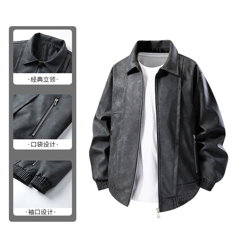 Men's Casual Faux Leather Jacket with Elastic Cuffs Mune Fashion