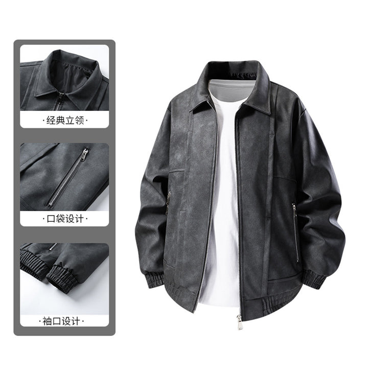 Men's Casual Faux Leather Jacket with Elastic Cuffs Mune Fashion