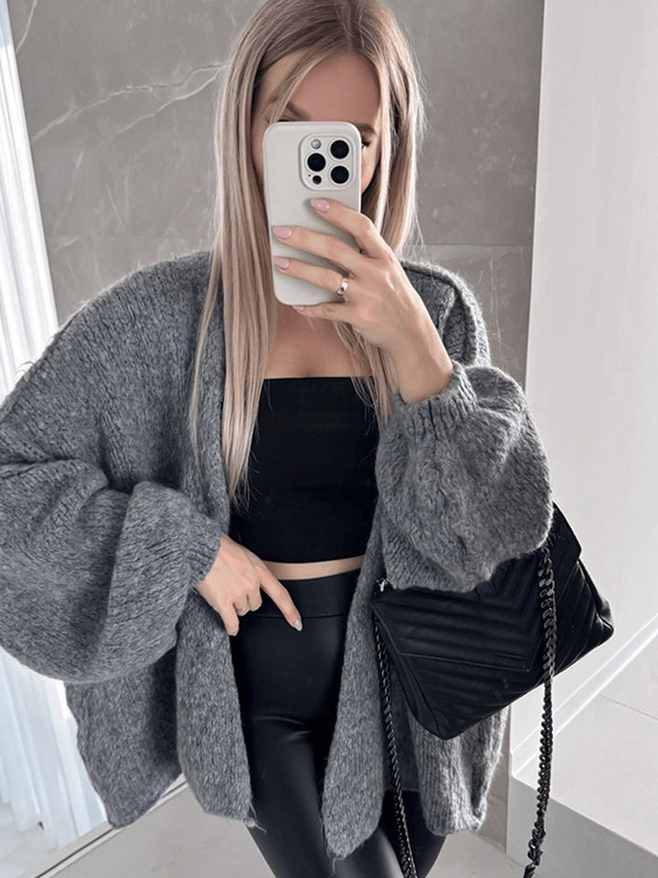 Women's Oversize Knit Cardigan with Voluminous Balloon Sleeves and Teddy-like Texture Mune Fashion