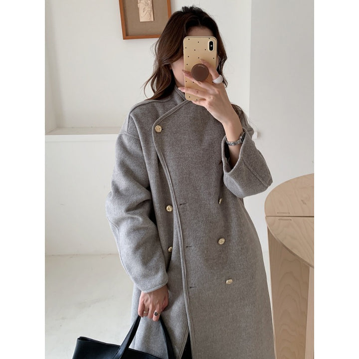 Women's Oversize Wool Blend Coat with Double-Breasted Button Placket, Stand-Up Collar and Dropped Shoulder Mune Fashion