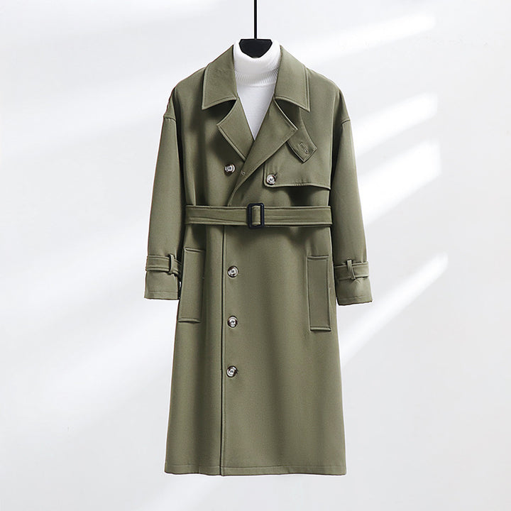 Men's trench coat in modern wool blend with belt, shawl collar, and patch pockets Mune Fashion