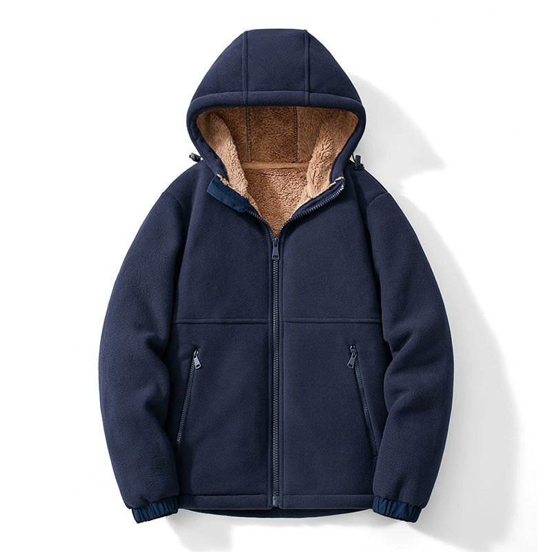 Men's fleece hooded jacket with teddy lining, zippered pockets, and adjustable hem Mune Fashion