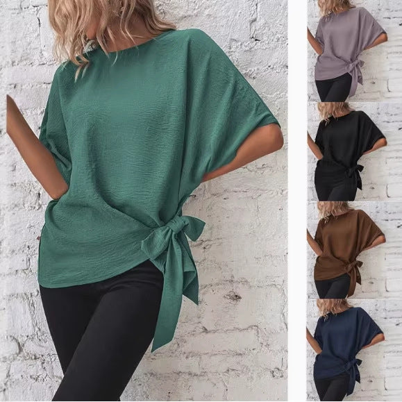 Women Oversize Short Sleeve Top with Side Bow and Crinkle Structure Mune Fashion