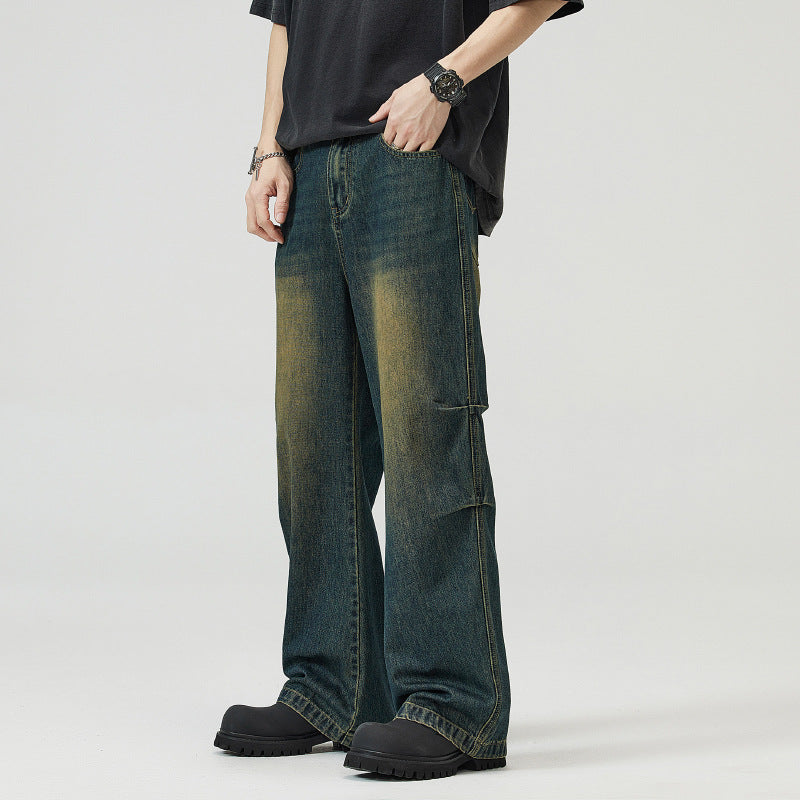 Men's Panel Denim Baggy Pants with Drop Crotch and Used-Fade Mune Fashion