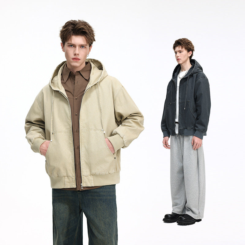 Men's Oversize Hoodie Jacket made of washed canvas with zipper and utility pockets Mune Fashion