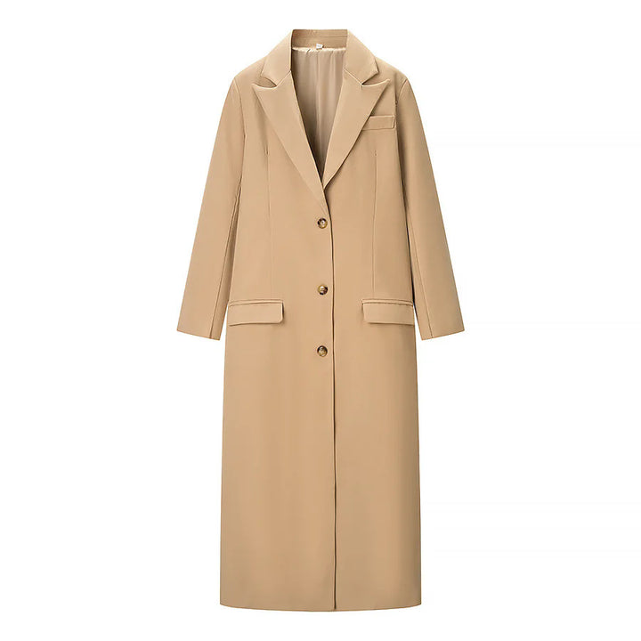 Women's longer tailored wool blend coat with lapel collar, patch pockets, and full button placket Mune Fashion