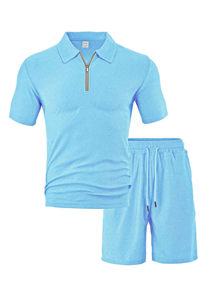 Men's comfortable short sleeve half zip set with polo collar and elastic cord pants made of textured knit Mune Fashion