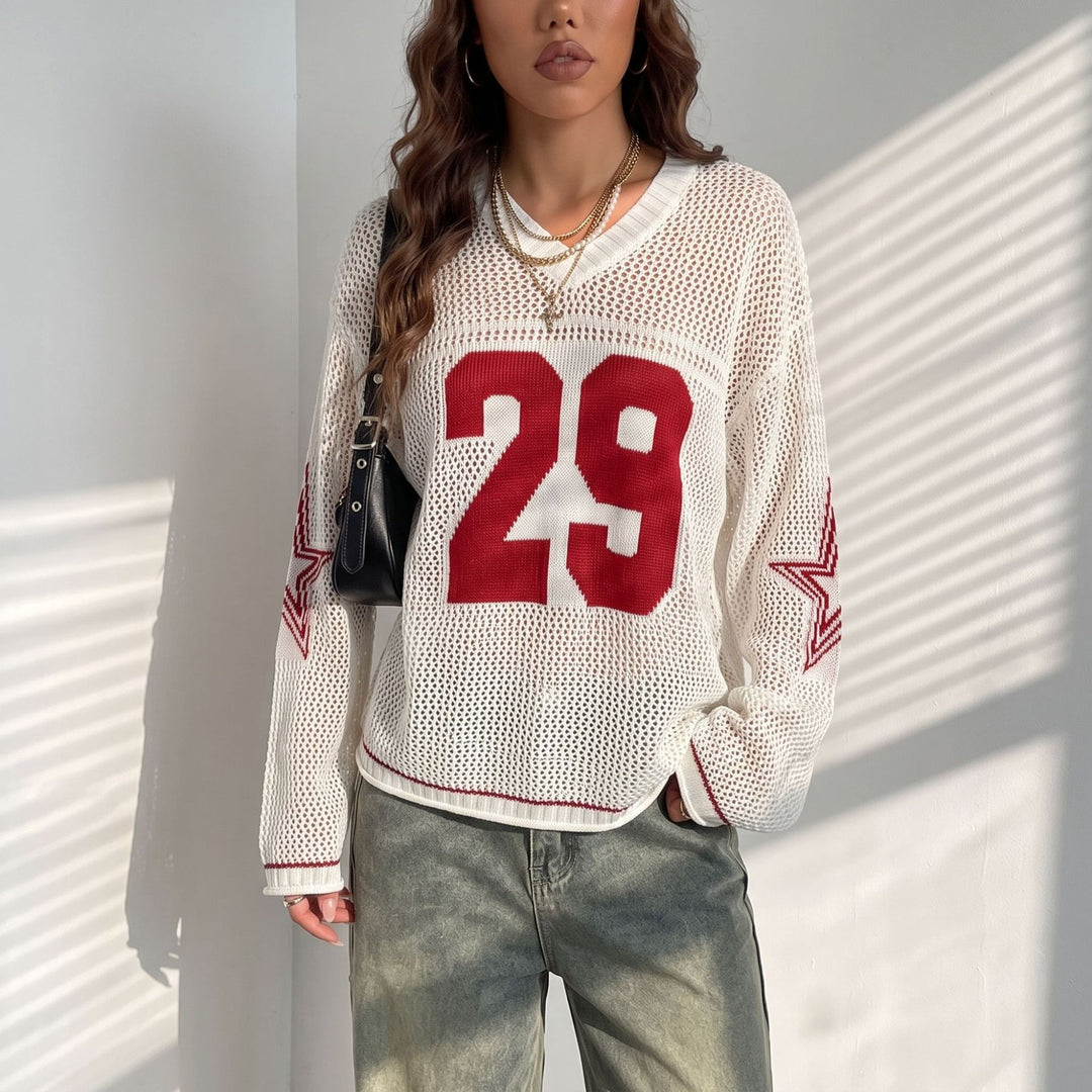 Women Oversize Mesh Knit Cropped Pullover with V-Neck Mune Fashion