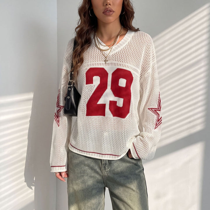 Women Oversize Mesh Knit Cropped Pullover with V-Neck Mune Fashion