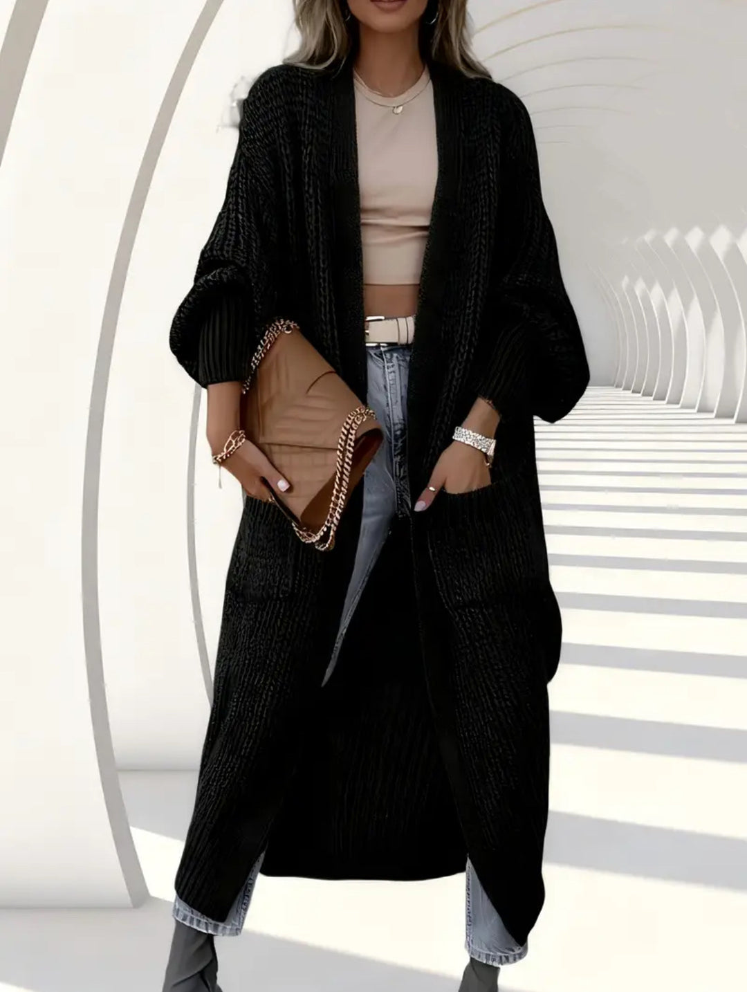 Women Long Open Chunky Knit Coat Cardigan with Braided Structure and Dropped Shoulder Mune Fashion