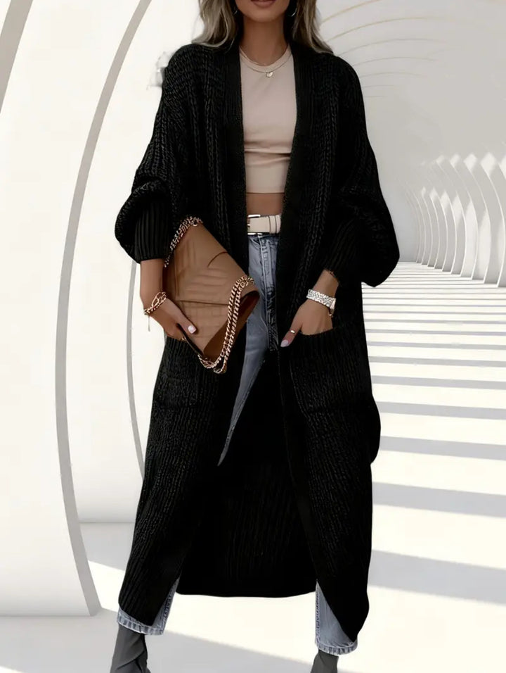 Women Long Open Chunky Knit Coat Cardigan with Braided Structure and Dropped Shoulder Mune Fashion