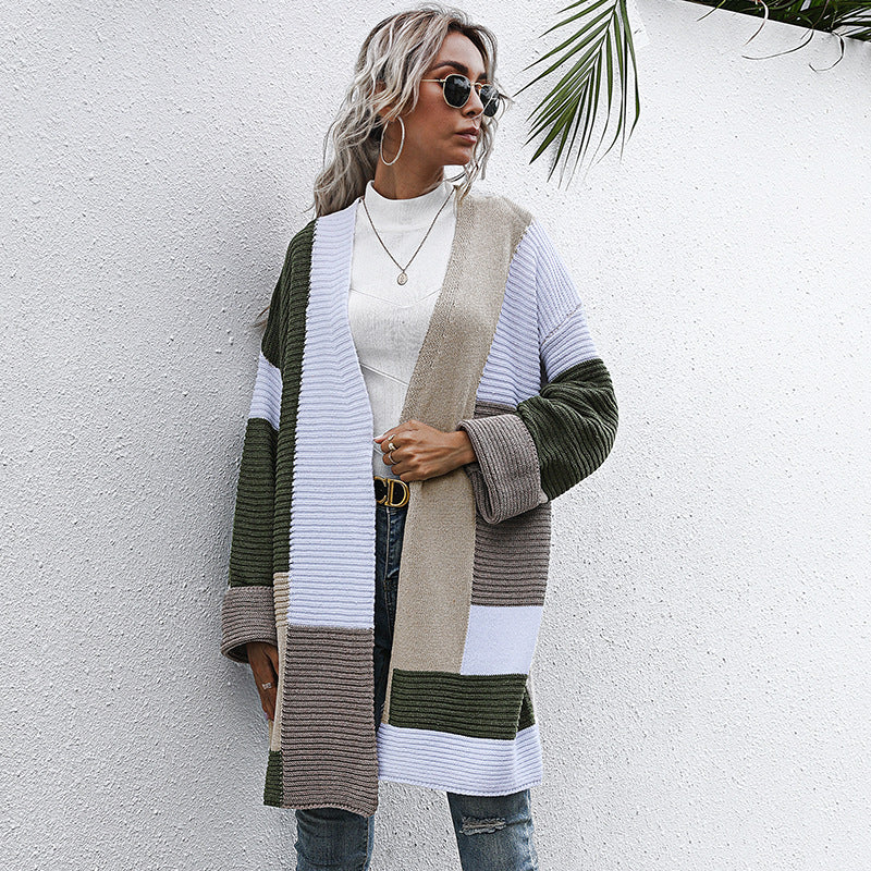 Women's Oversized Knit Cardigan with Colorblock Patchwork and Open Front Mune Fashion