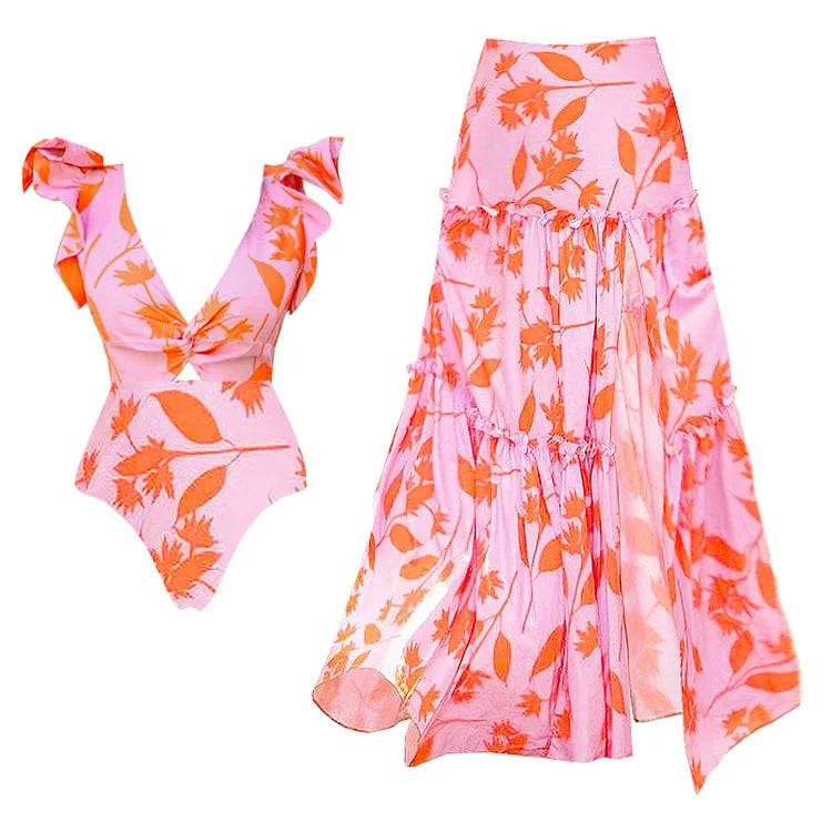 Women's One-Piece Swimsuit with Romantic Floral Print and Playful Ruffles Mune Fashion