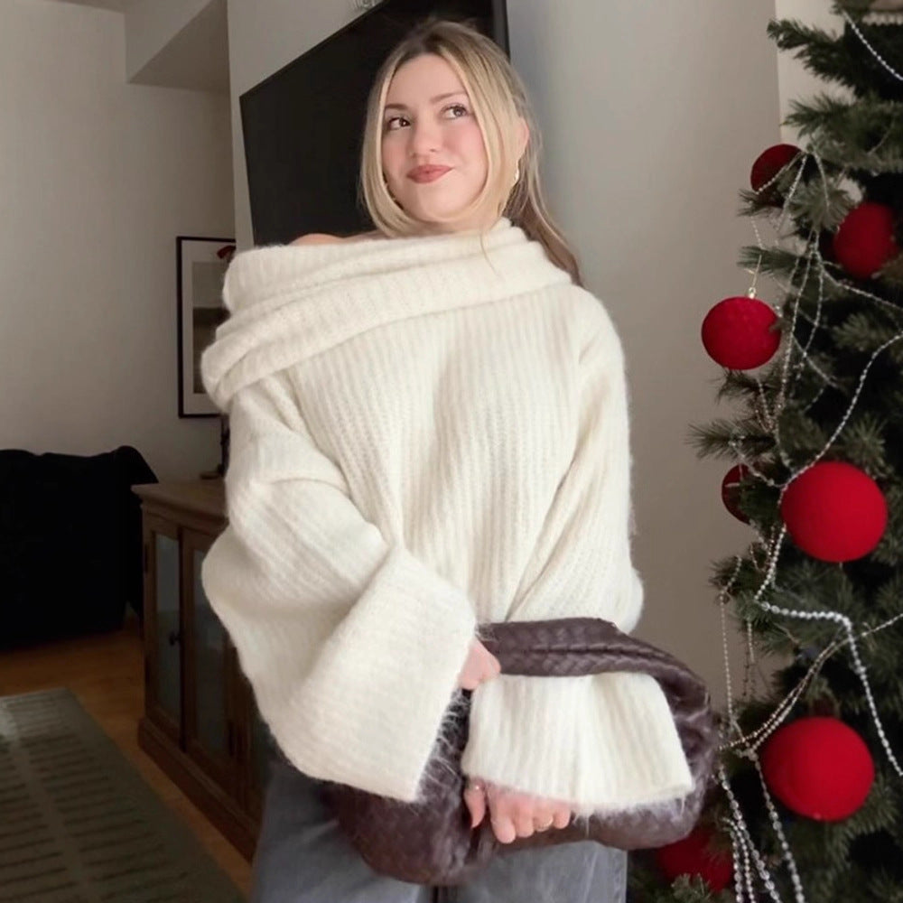 Women's Oversize Off-Shoulder Ribbed Knit Sweater with Wide Bell Sleeves Mune Fashion