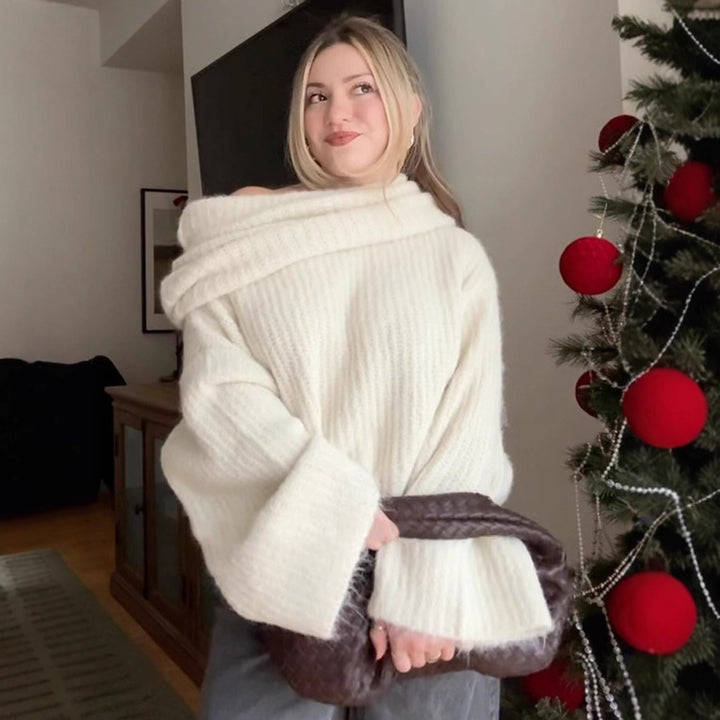 Women's Oversize Off-Shoulder Ribbed Knit Sweater with Wide Bell Sleeves Mune Fashion