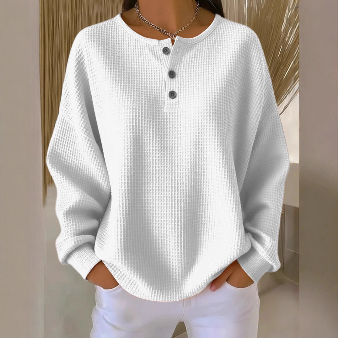 Women's Oversized Waffle Knit Henley Sweater with Button Placket and Rounded Hem Mune Fashion