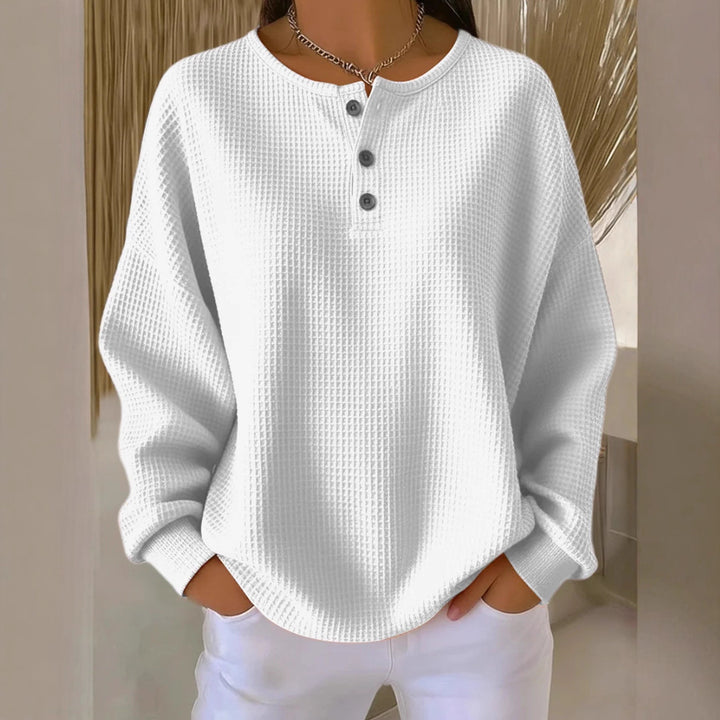 Women's Oversized Waffle Knit Henley Sweater with Button Placket and Rounded Hem Mune Fashion