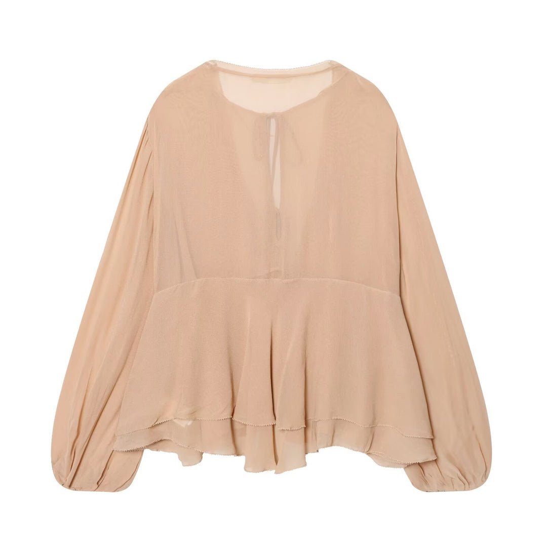Ladies Airy Chiffon Blouse with Deep V-Neck, Ties, Ruffled Layers and Balloon Sleeves Mune Fashion