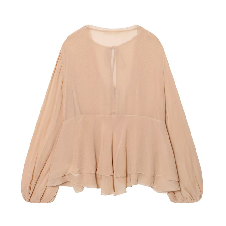 Ladies Airy Chiffon Blouse with Deep V-Neck, Ties, Ruffled Layers and Balloon Sleeves Mune Fashion