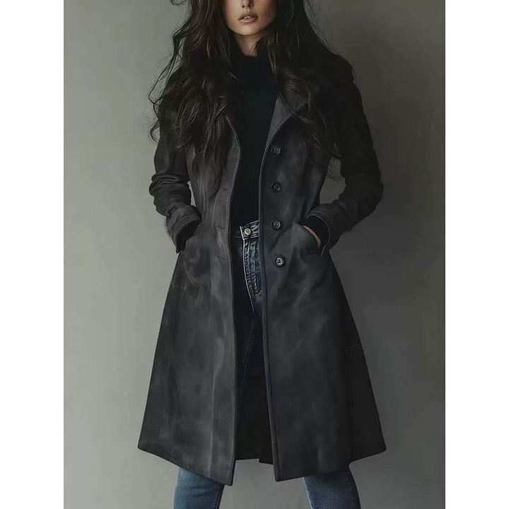 Women's Elegant Long Coat in A-Line Cut with Single-Breasted Button Placket Mune Fashion