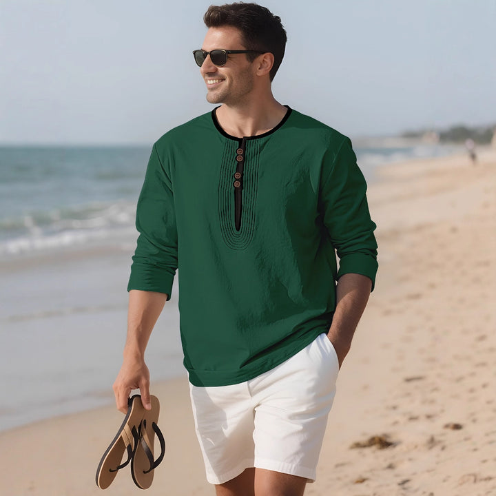 Men's loosely cut long sleeve kurta top with decorative pleats and wooden button placket Mune Fashion