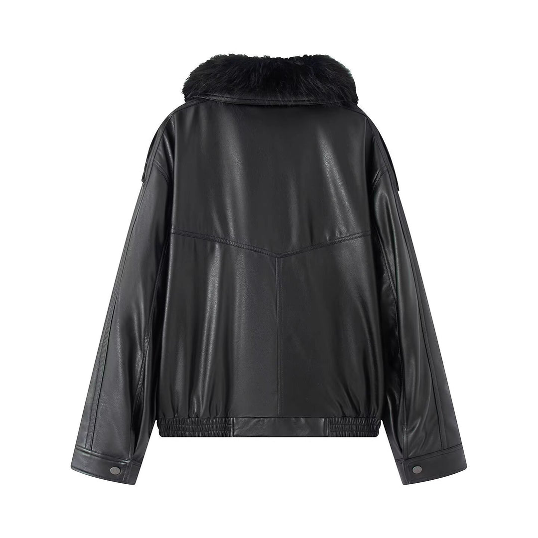 Ladies Oversized Faux Leather Bomber Jacket with Cozy Faux Fur Collar and Applied Flap Pockets Mune Fashion