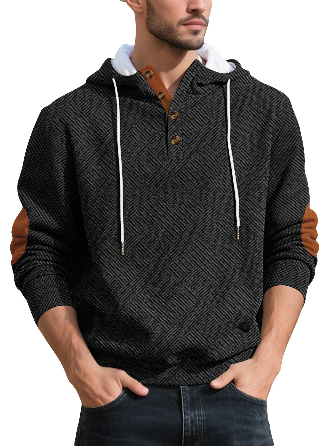 Men's structured hoodie henley pullover with jacquard texture, button placket, and elbow patches Mune Fashion