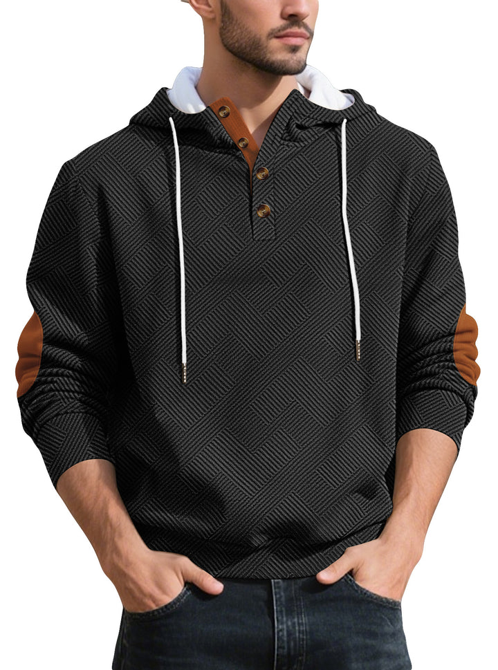 Men's structured hoodie henley pullover with jacquard texture, button placket, and elbow patches Mune Fashion
