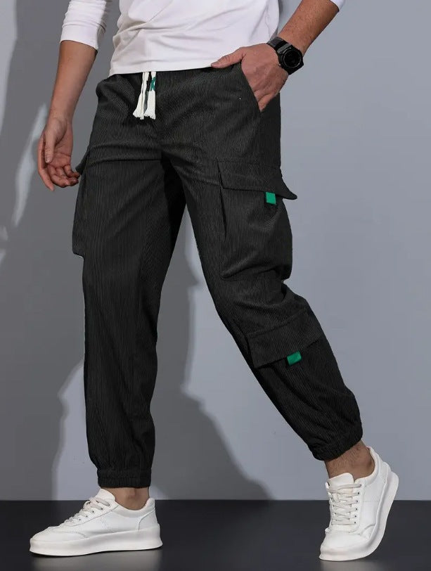 Men's Cord Cargo Jogging Pants with Elastic Waistband, Drawstring & Multiple Pockets Mune Fashion